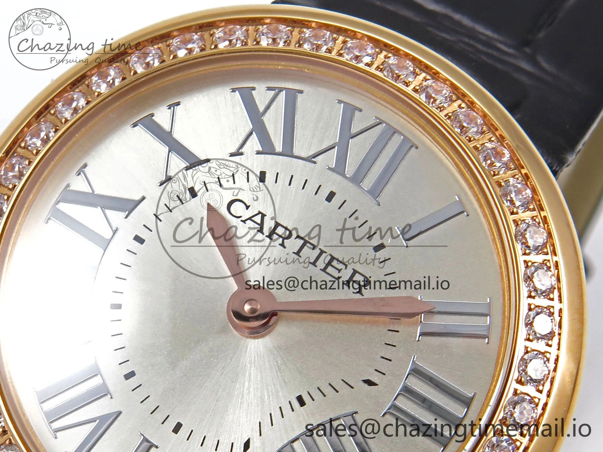 Ballon Blanc De Cartier 30mm RG AF 1:1 Best Edition Silvered Dial Diamonds Bezel on Black Leather Strap Ronda Quartz