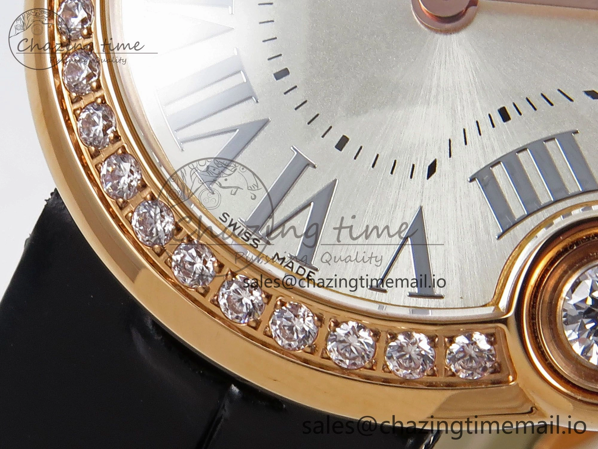 Ballon Blanc De Cartier 30mm RG AF 1:1 Best Edition Silvered Dial Diamonds Bezel on Black Leather Strap Ronda Quartz