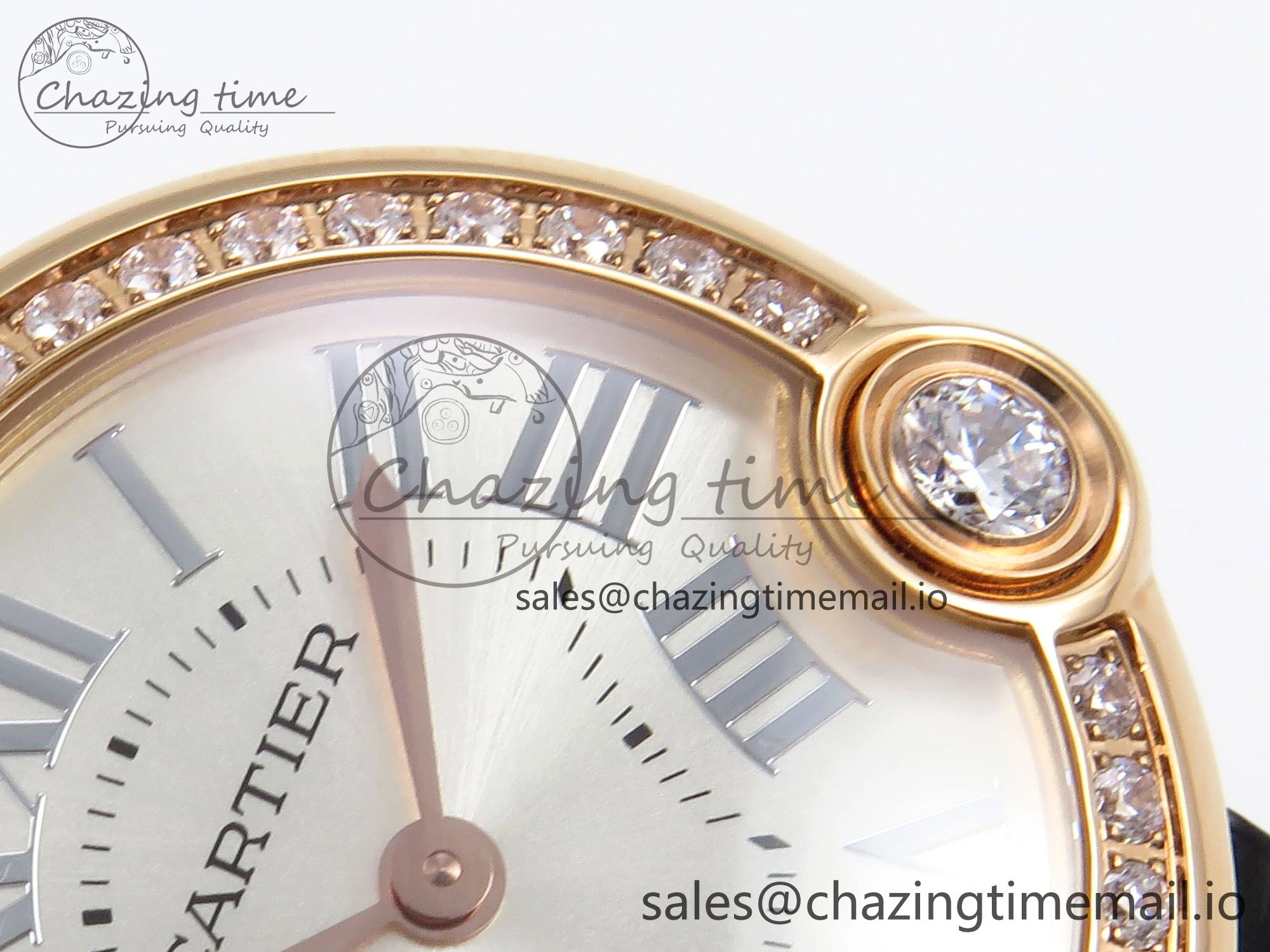 Ballon Blanc De Cartier 30mm RG AF 1:1 Best Edition Silvered Dial Diamonds Bezel on Black Leather Strap Ronda Quartz