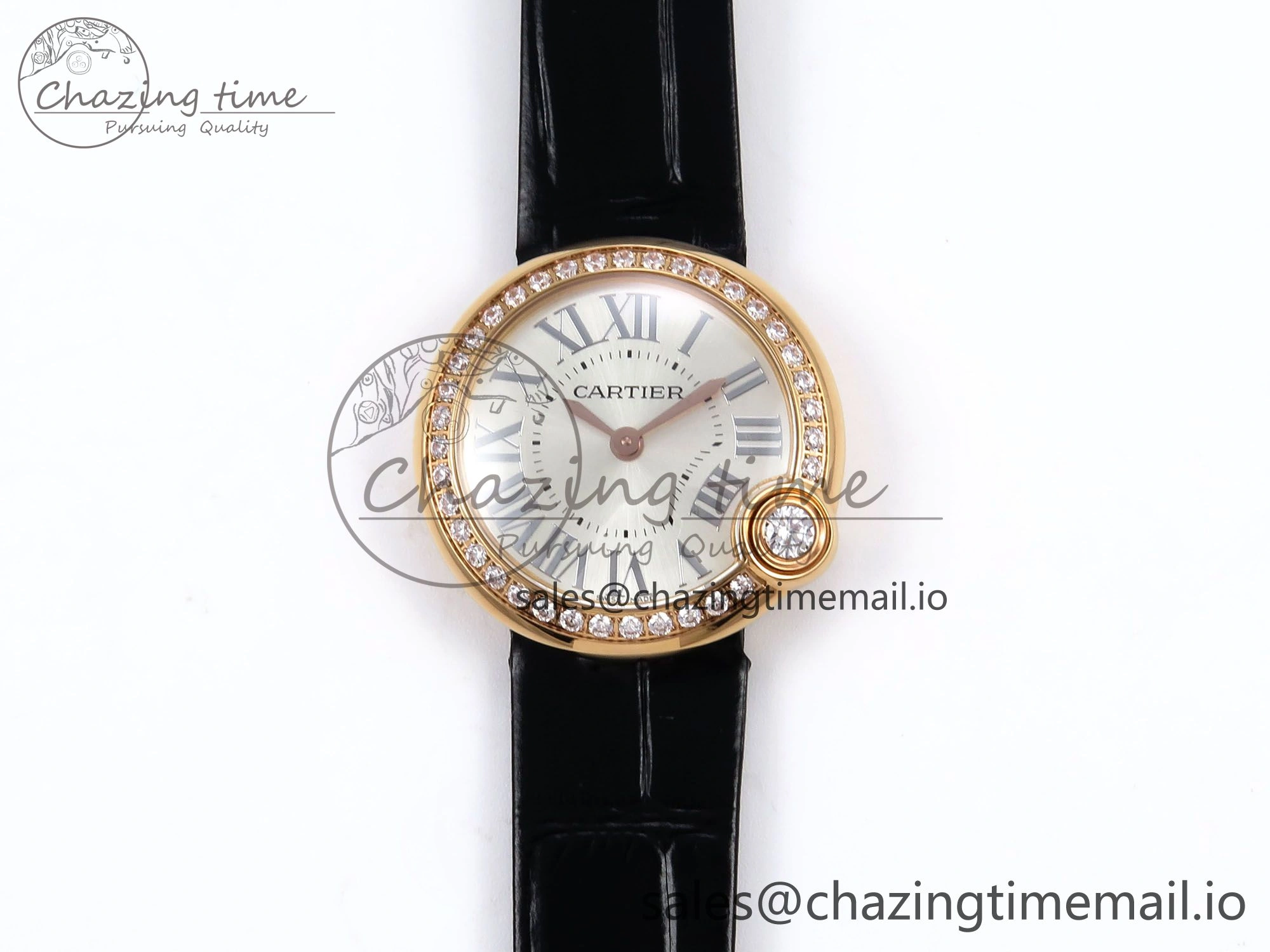 Ballon Blanc De Cartier 30mm RG AF 1:1 Best Edition Silvered Dial Diamonds Bezel on Black Leather Strap Ronda Quartz