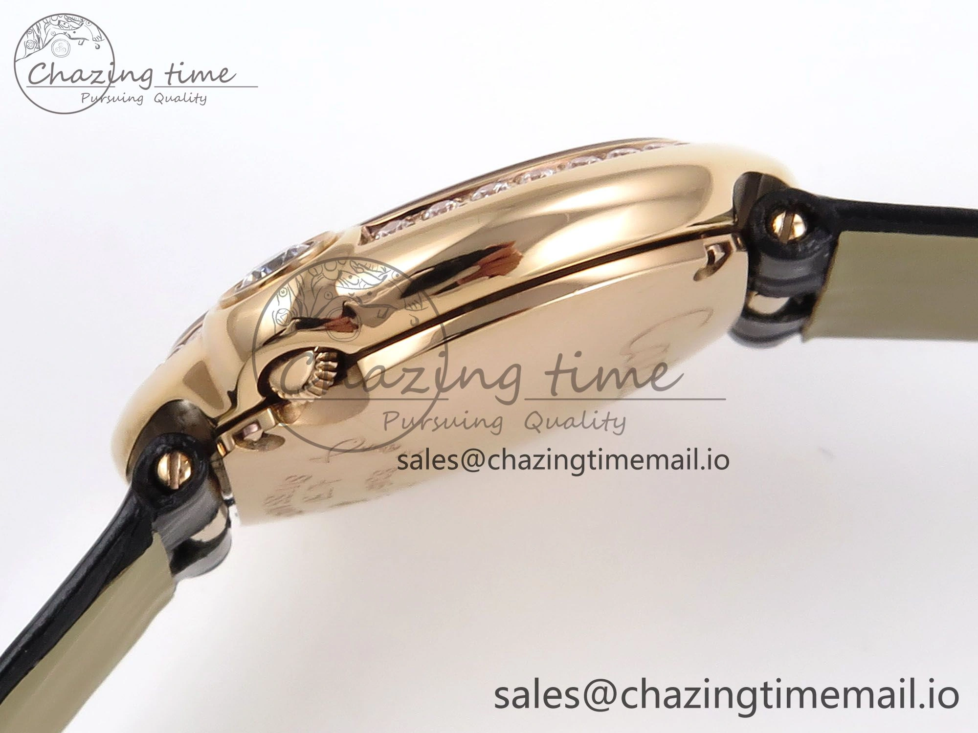Ballon Blanc De Cartier 30mm RG AF 1:1 Best Edition Silvered Dial Diamonds Bezel on Black Leather Strap Ronda Quartz