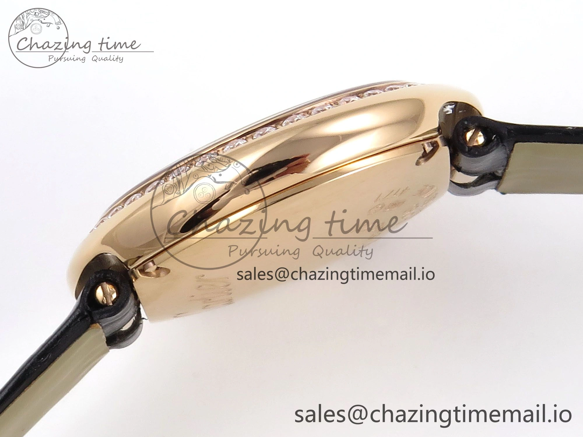 Ballon Blanc De Cartier 30mm RG AF 1:1 Best Edition Silvered Dial Diamonds Bezel on Black Leather Strap Ronda Quartz