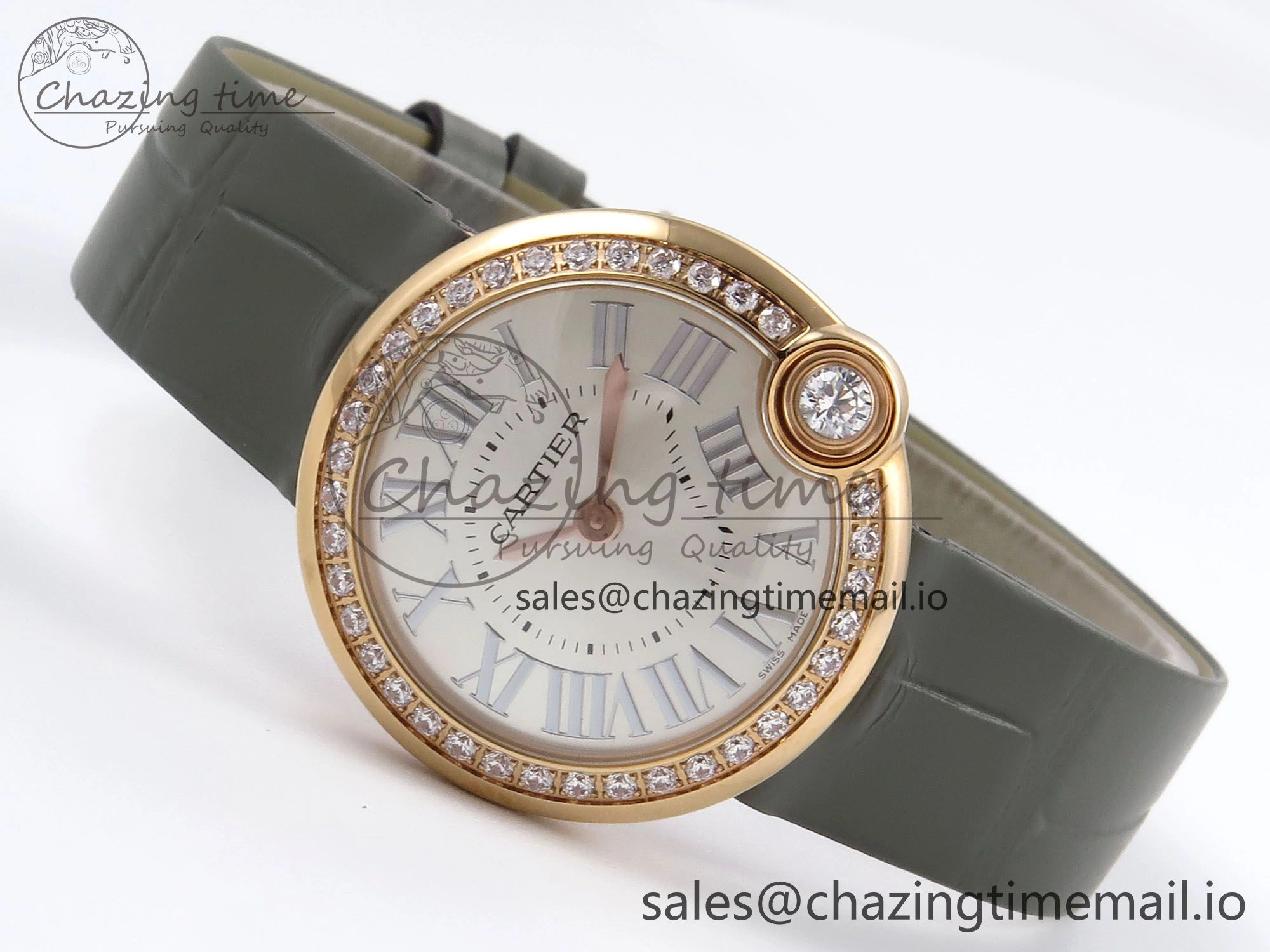Ballon Blanc De Cartier 30mm RG AF 1:1 Best Edition Silvered Dial Diamonds Bezel on Green Leather Strap Ronda Quartz