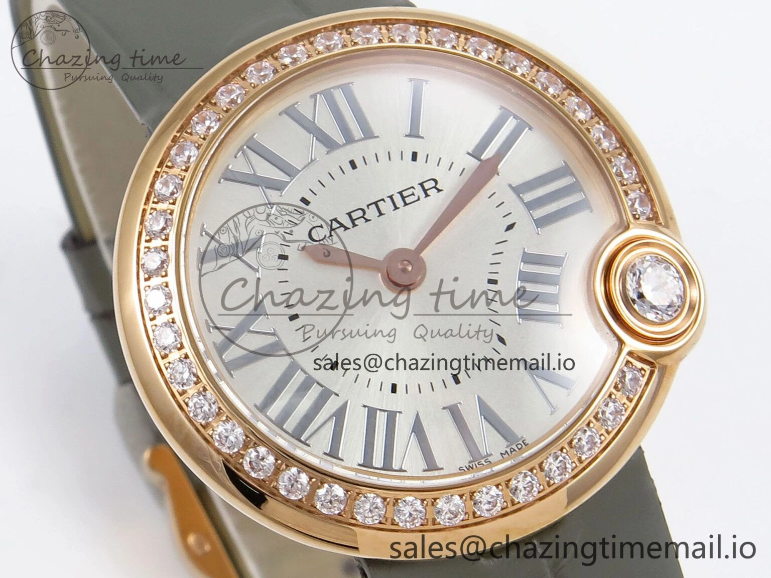 Ballon Blanc De Cartier 30mm RG AF 1:1 Best Edition Silvered Dial Diamonds Bezel on Green Leather Strap Ronda Quartz