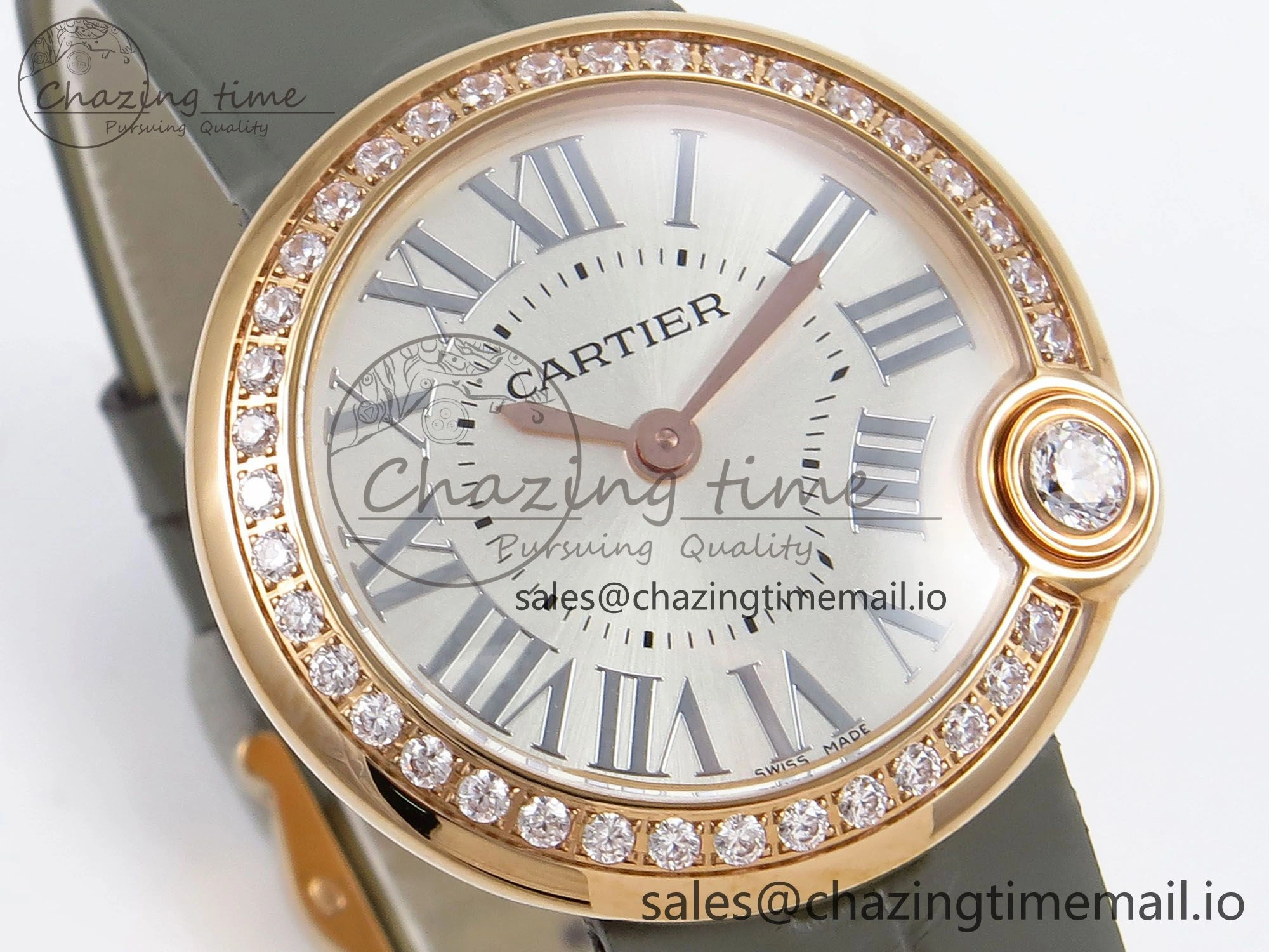 Ballon Blanc De Cartier 30mm RG AF 1:1 Best Edition Silvered Dial Diamonds Bezel on Green Leather Strap Ronda Quartz
