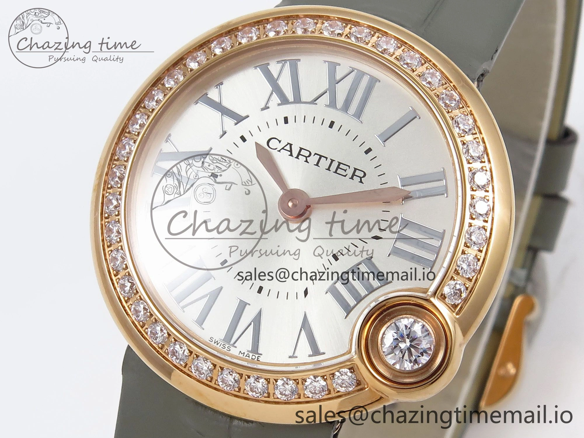 Ballon Blanc De Cartier 30mm RG AF 1:1 Best Edition Silvered Dial Diamonds Bezel on Green Leather Strap Ronda Quartz