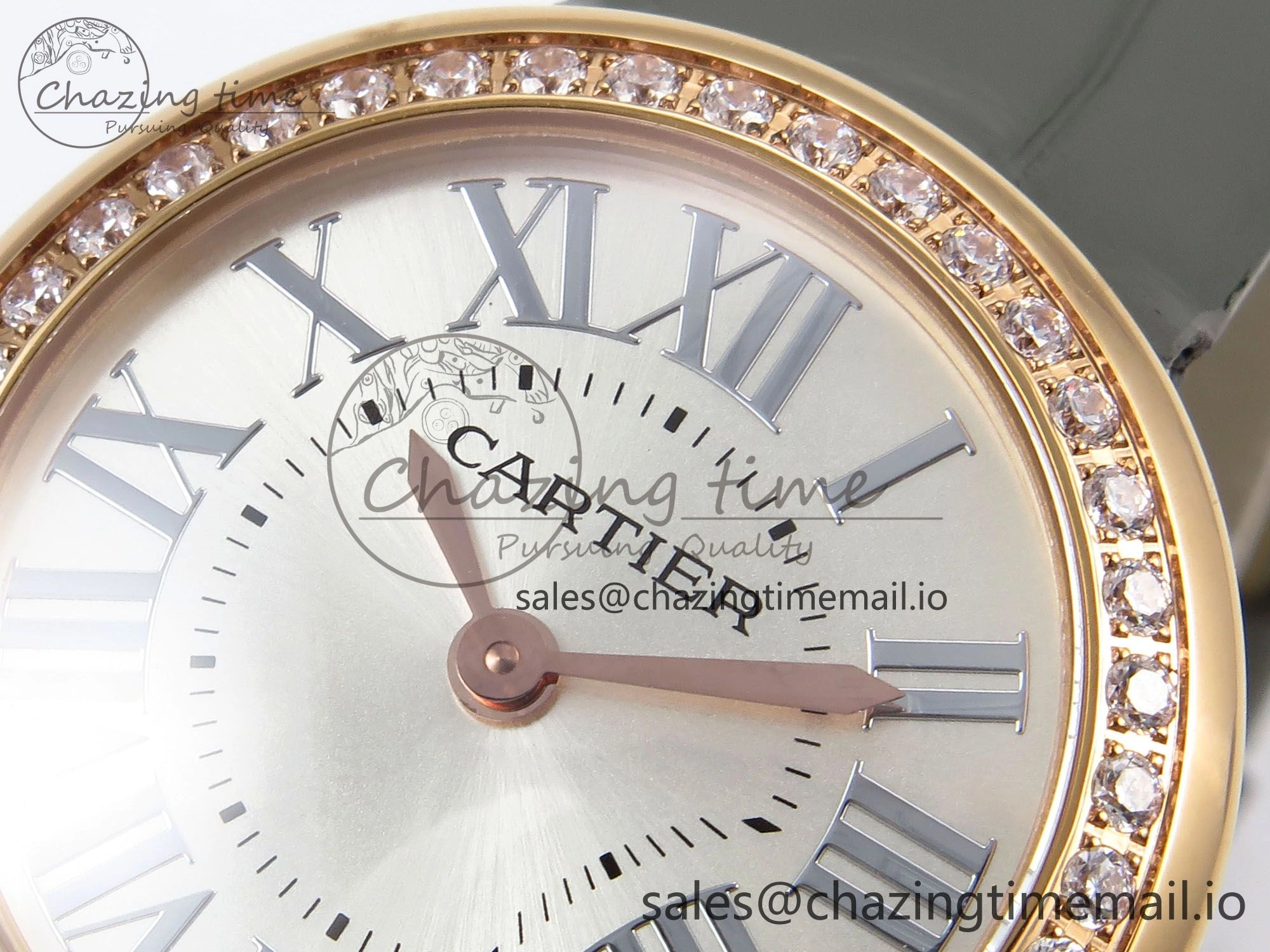 Ballon Blanc De Cartier 30mm RG AF 1:1 Best Edition Silvered Dial Diamonds Bezel on Green Leather Strap Ronda Quartz