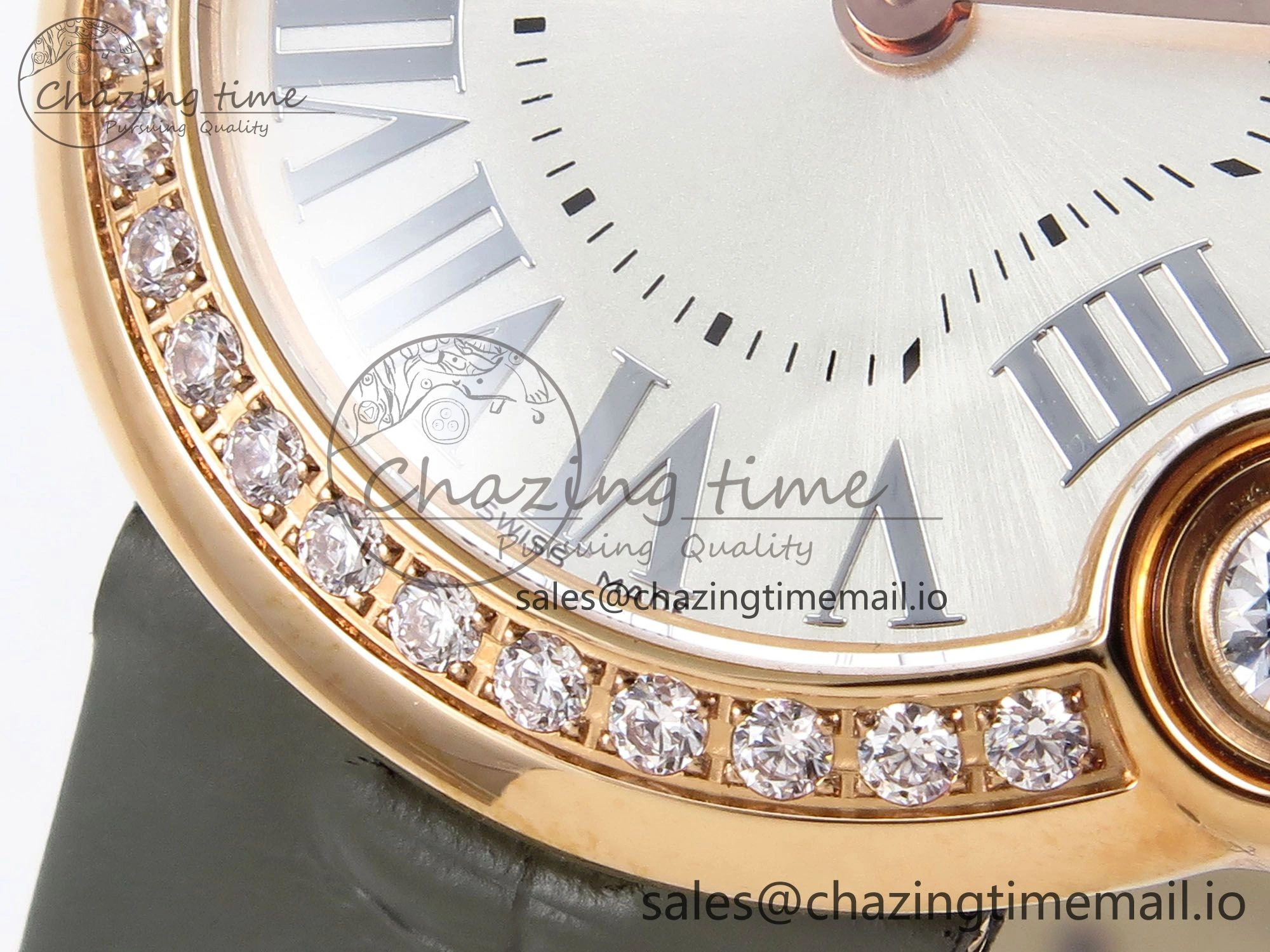 Ballon Blanc De Cartier 30mm RG AF 1:1 Best Edition Silvered Dial Diamonds Bezel on Green Leather Strap Ronda Quartz