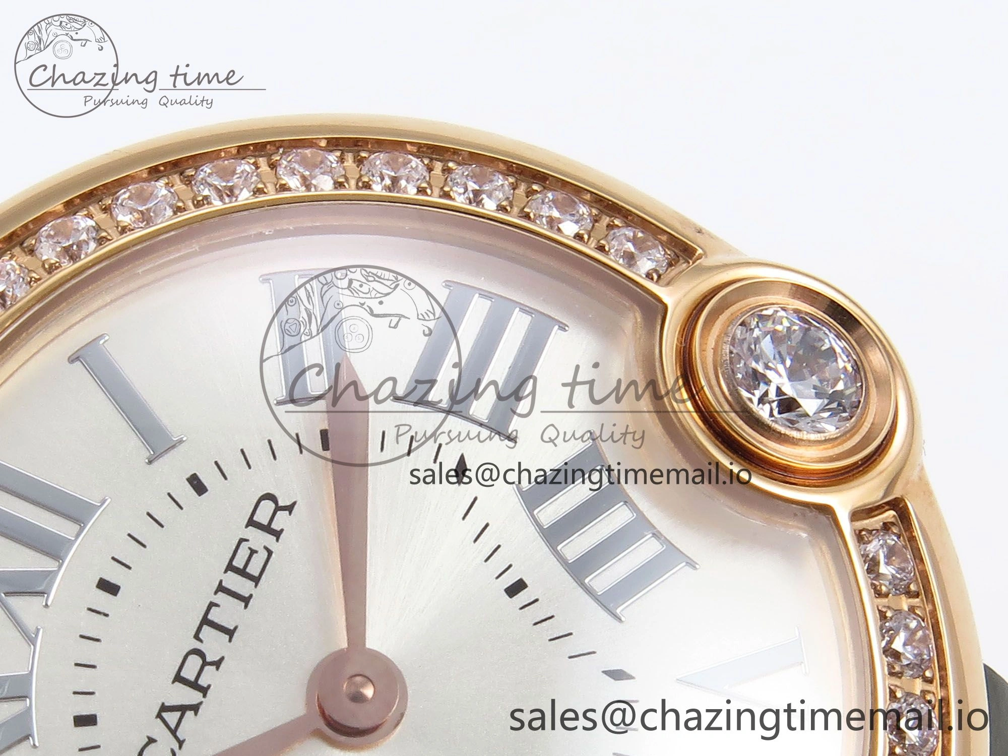 Ballon Blanc De Cartier 30mm RG AF 1:1 Best Edition Silvered Dial Diamonds Bezel on Green Leather Strap Ronda Quartz