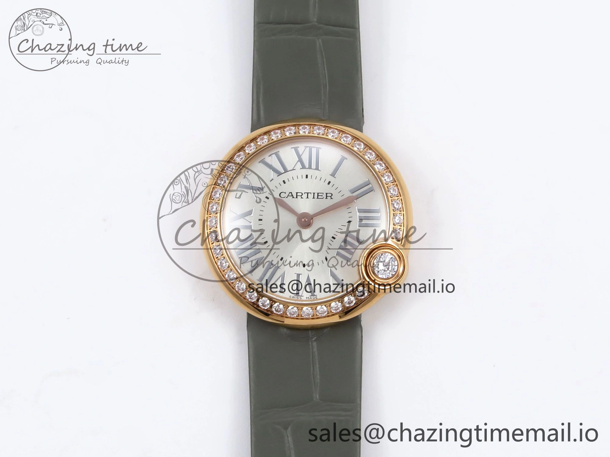 Ballon Blanc De Cartier 30mm RG AF 1:1 Best Edition Silvered Dial Diamonds Bezel on Green Leather Strap Ronda Quartz