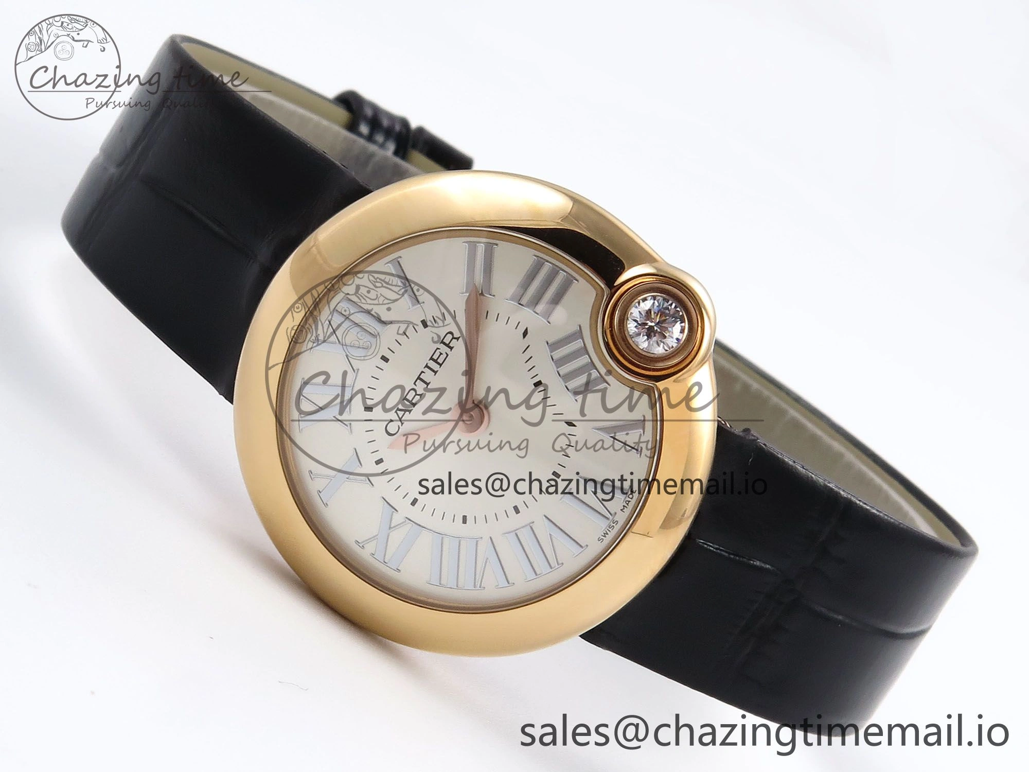 Ballon Blanc De Cartier 30mm RG AF 1:1 Best Edition Silvered Dial on Black Leather Strap Ronda Quartz