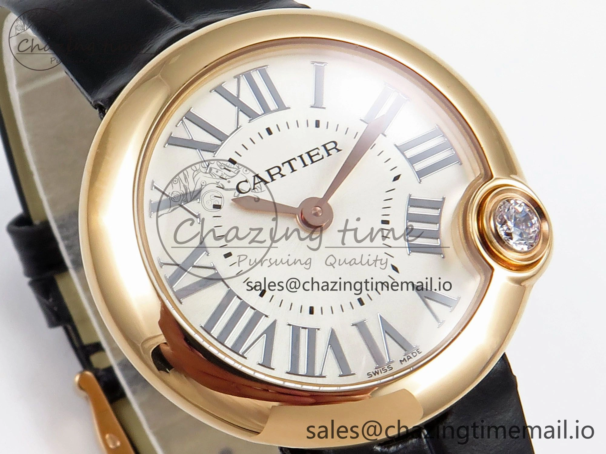 Ballon Blanc De Cartier 30mm RG AF 1:1 Best Edition Silvered Dial on Black Leather Strap Ronda Quartz
