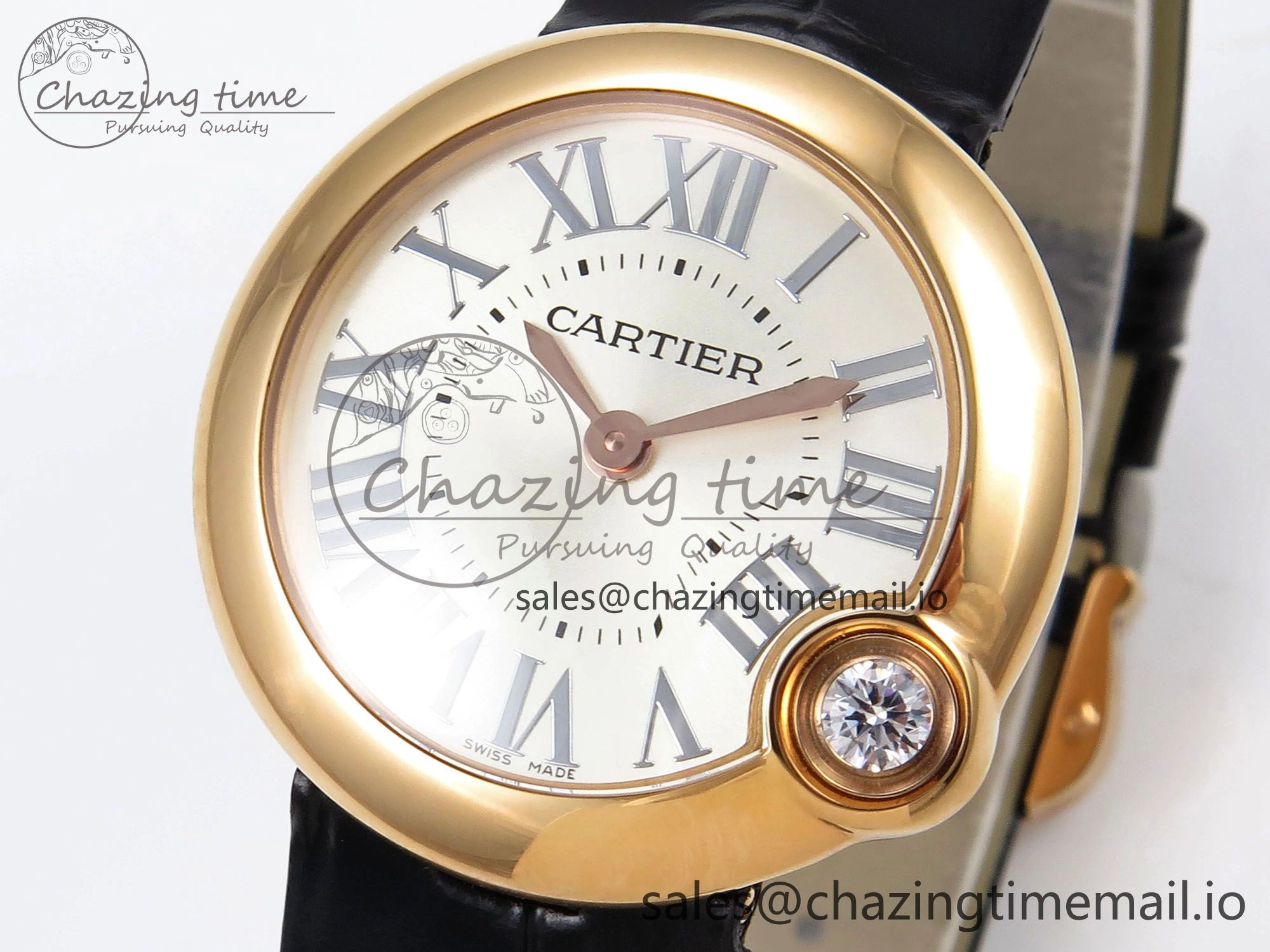 Ballon Blanc De Cartier 30mm RG AF 1:1 Best Edition Silvered Dial on Black Leather Strap Ronda Quartz