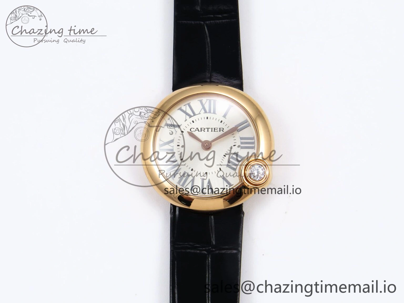 Ballon Blanc De Cartier 30mm RG AF 1:1 Best Edition Silvered Dial on Black Leather Strap Ronda Quartz
