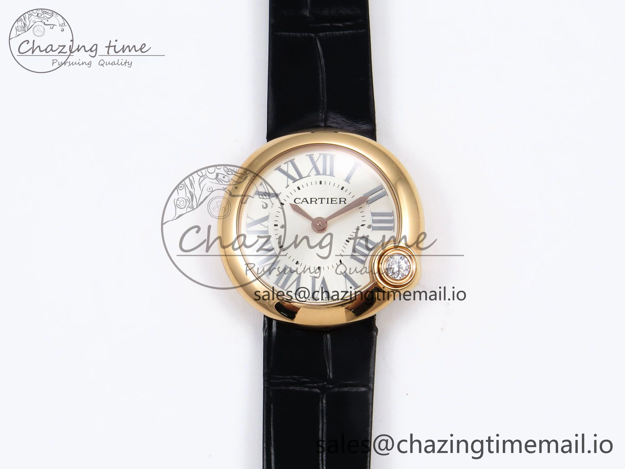 Ballon Blanc De Cartier 30mm RG AF 1:1 Best Edition Silvered Dial on Black Leather Strap Ronda Quartz