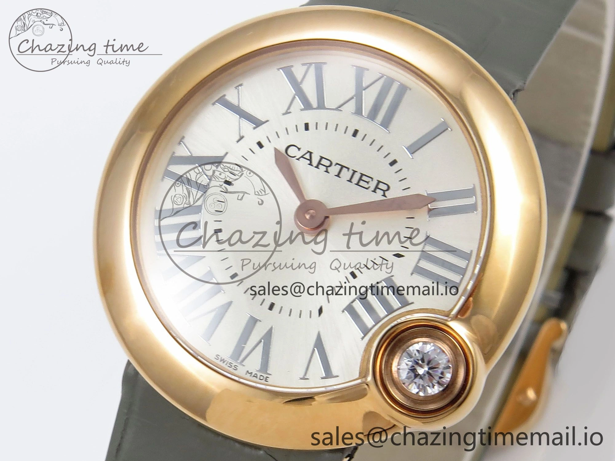 Ballon Blanc De Cartier 30mm RG AF 1:1 Best Edition Silvered Dial on Green Leather Strap Ronda Quartz