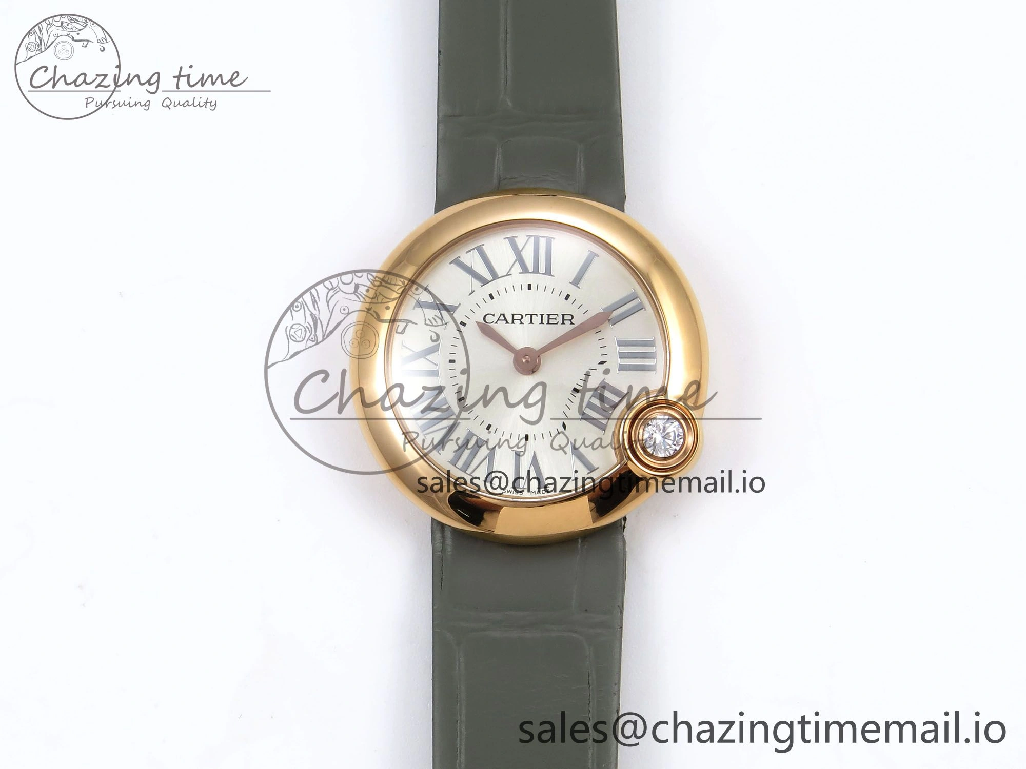 Ballon Blanc De Cartier 30mm RG AF 1:1 Best Edition Silvered Dial on Green Leather Strap Ronda Quartz