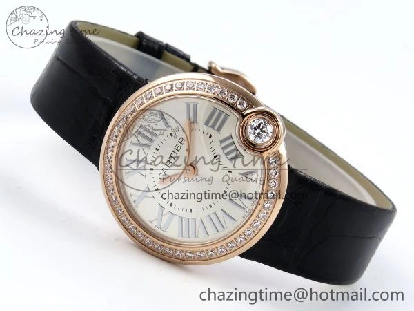 Ballon Blanc De Cartier 30mm RG DRF 1:1 Best Edition Silvered Texture Dial Diamonds Bezel on Black Leather Strap Ronda Quartz