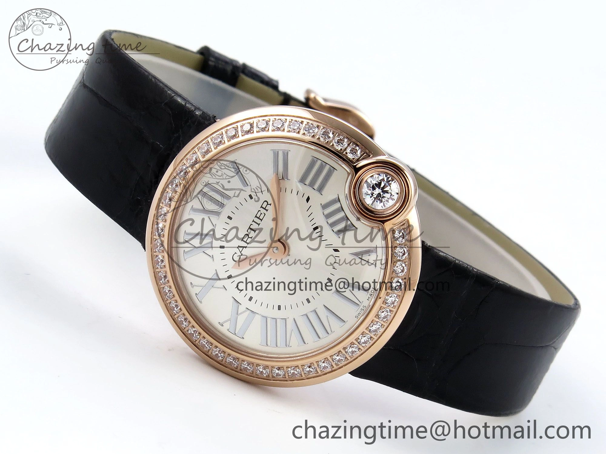 Ballon Blanc De Cartier 30mm RG DRF 1:1 Best Edition Silvered Texture Dial Diamonds Bezel on Black Leather Strap Ronda Quartz