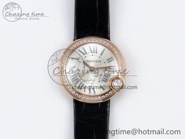 Ballon Blanc De Cartier 30mm RG DRF 1:1 Best Edition Silvered Texture Dial Diamonds Bezel on Black Leather Strap Ronda Quartz