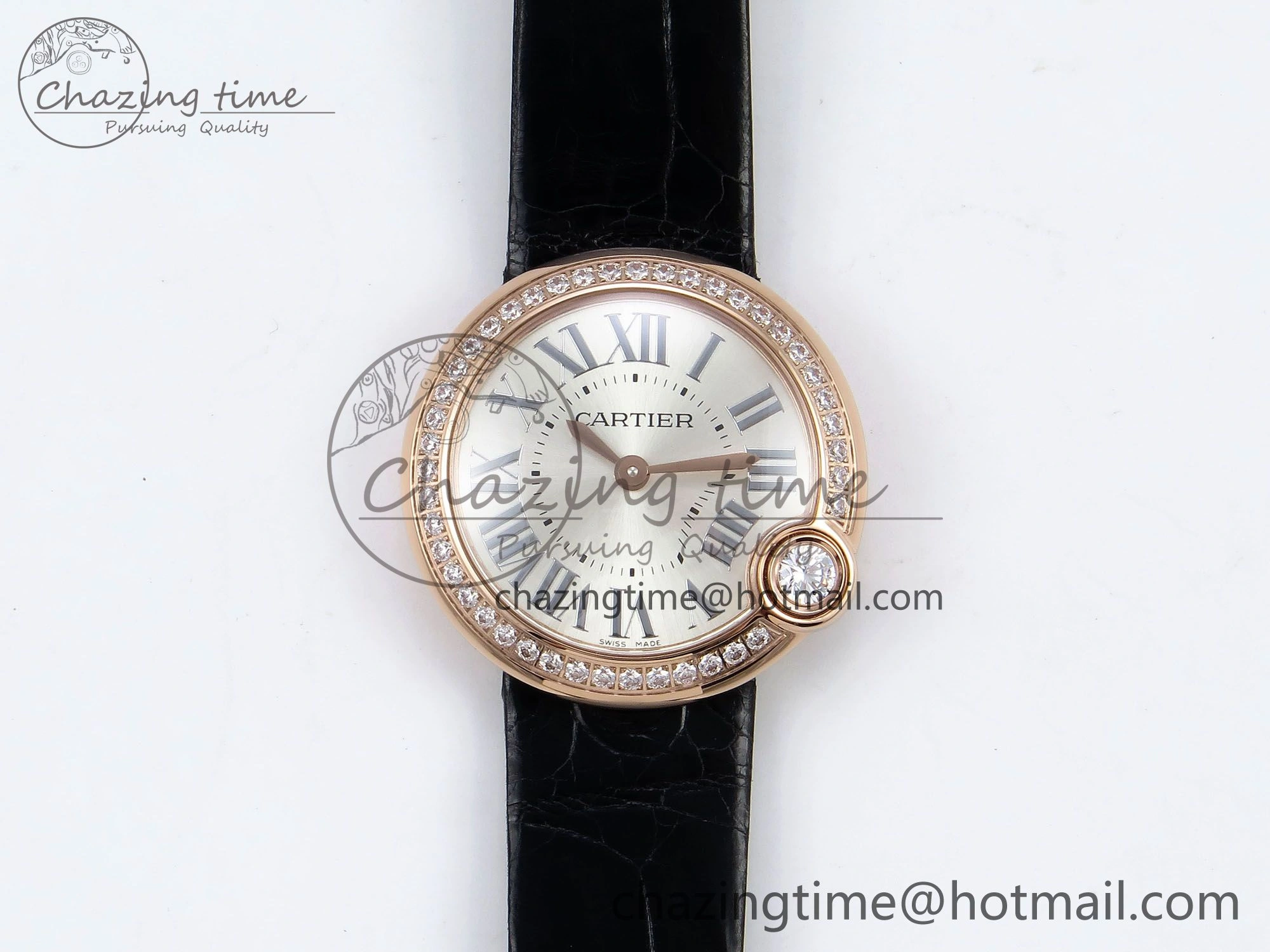 Ballon Blanc De Cartier 30mm RG DRF 1:1 Best Edition Silvered Texture Dial Diamonds Bezel on Black Leather Strap Ronda Quartz