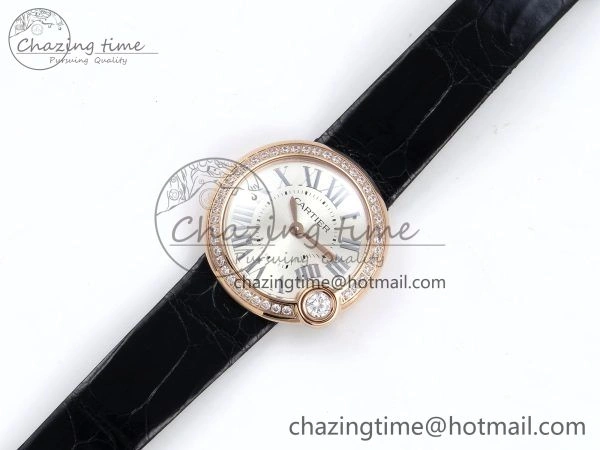 Ballon Blanc De Cartier 30mm RG DRF 1:1 Best Edition Silvered Texture Dial Diamonds Bezel on Black Leather Strap Ronda Quartz