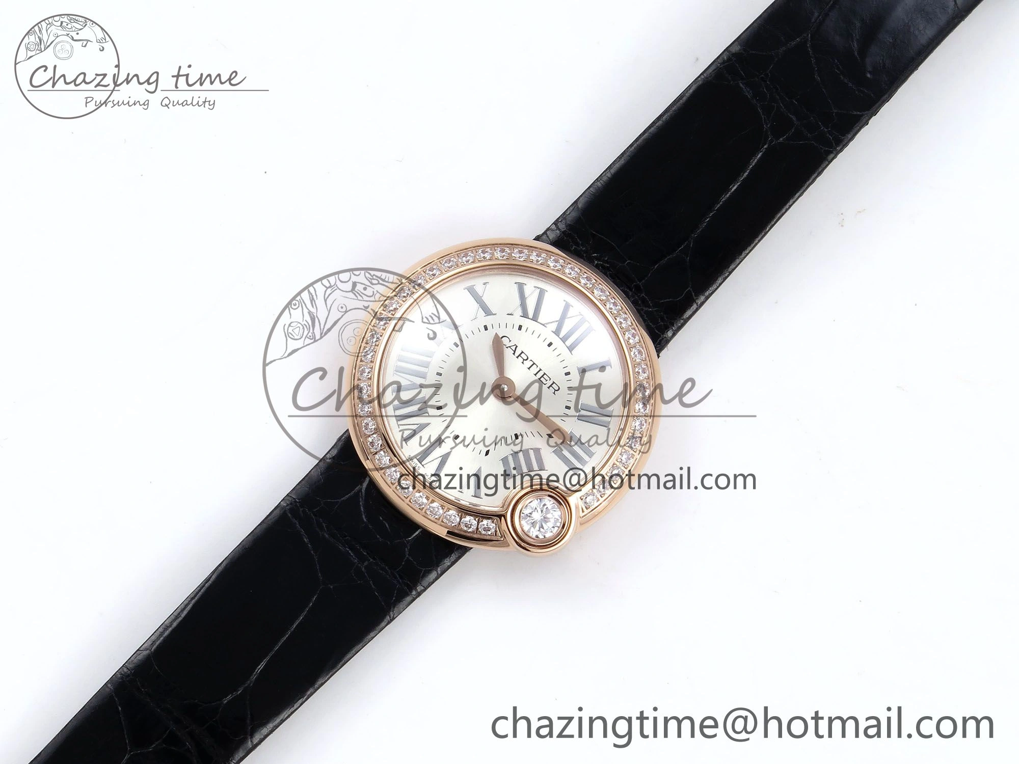 Ballon Blanc De Cartier 30mm RG DRF 1:1 Best Edition Silvered Texture Dial Diamonds Bezel on Black Leather Strap Ronda Quartz