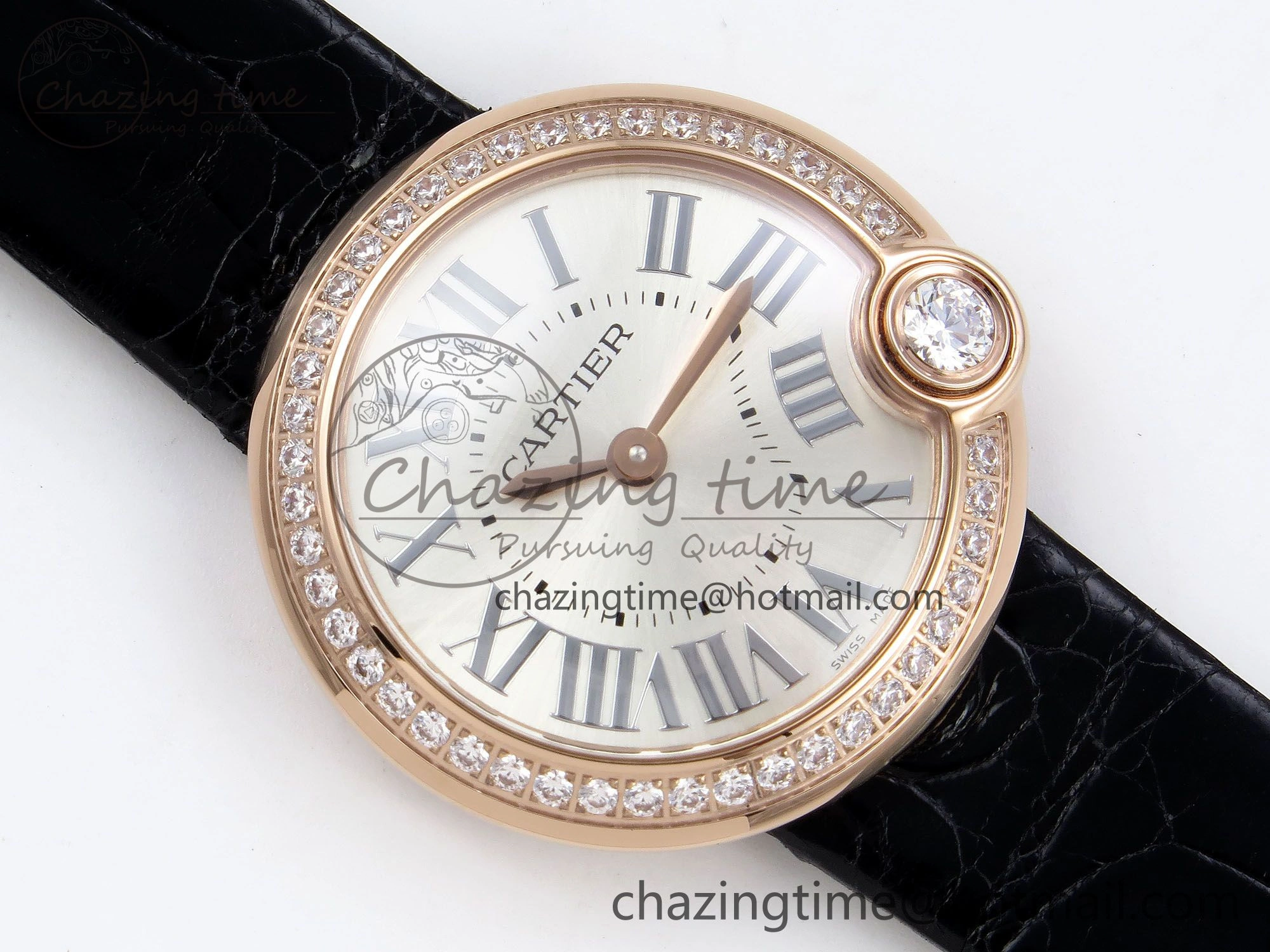 Ballon Blanc De Cartier 30mm RG DRF 1:1 Best Edition Silvered Texture Dial Diamonds Bezel on Black Leather Strap Ronda Quartz
