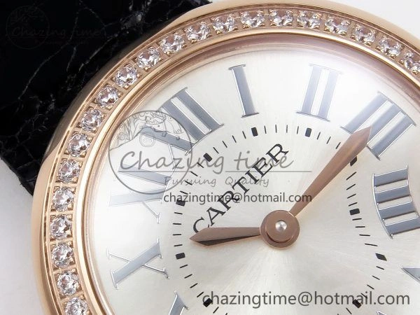 Ballon Blanc De Cartier 30mm RG DRF 1:1 Best Edition Silvered Texture Dial Diamonds Bezel on Black Leather Strap Ronda Quartz
