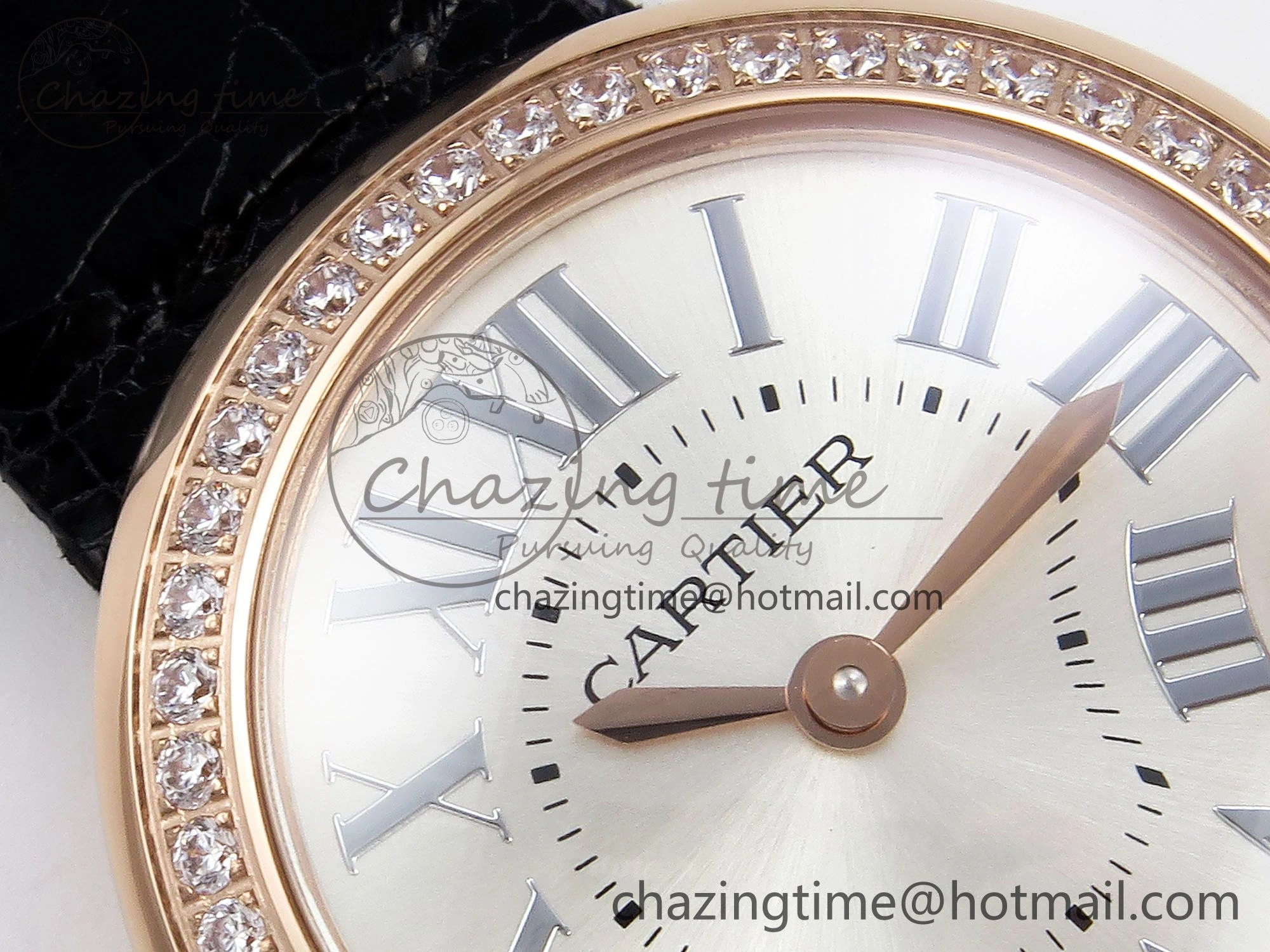 Ballon Blanc De Cartier 30mm RG DRF 1:1 Best Edition Silvered Texture Dial Diamonds Bezel on Black Leather Strap Ronda Quartz