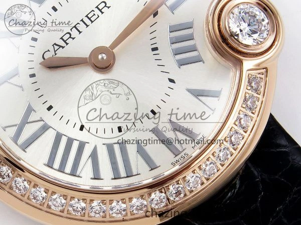 Ballon Blanc De Cartier 30mm RG DRF 1:1 Best Edition Silvered Texture Dial Diamonds Bezel on Black Leather Strap Ronda Quartz