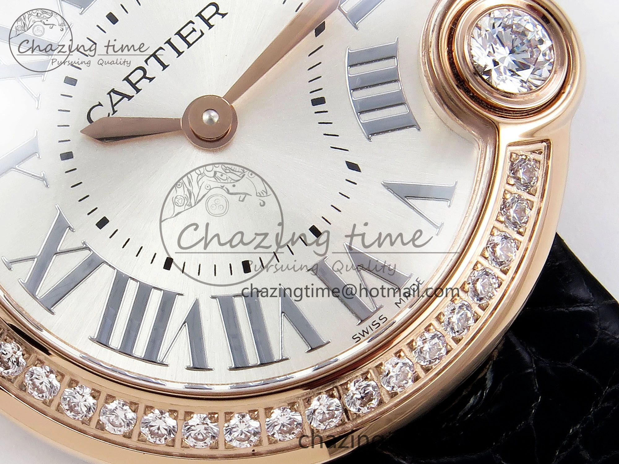 Ballon Blanc De Cartier 30mm RG DRF 1:1 Best Edition Silvered Texture Dial Diamonds Bezel on Black Leather Strap Ronda Quartz