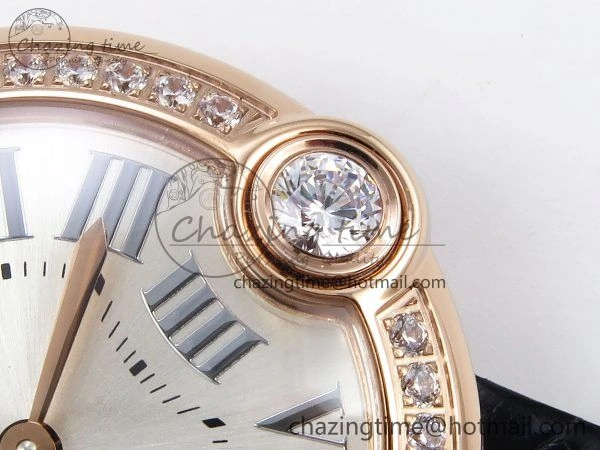 Ballon Blanc De Cartier 30mm RG DRF 1:1 Best Edition Silvered Texture Dial Diamonds Bezel on Black Leather Strap Ronda Quartz