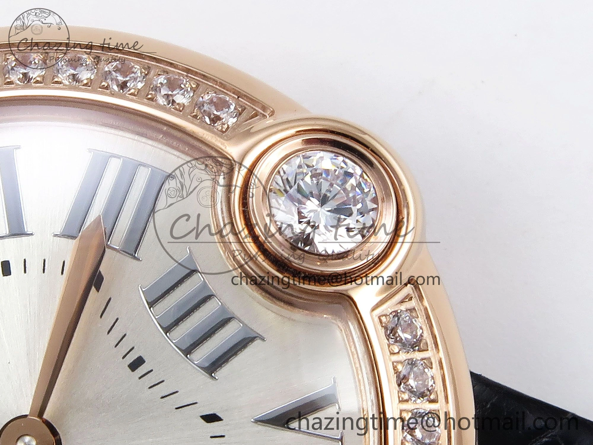 Ballon Blanc De Cartier 30mm RG DRF 1:1 Best Edition Silvered Texture Dial Diamonds Bezel on Black Leather Strap Ronda Quartz