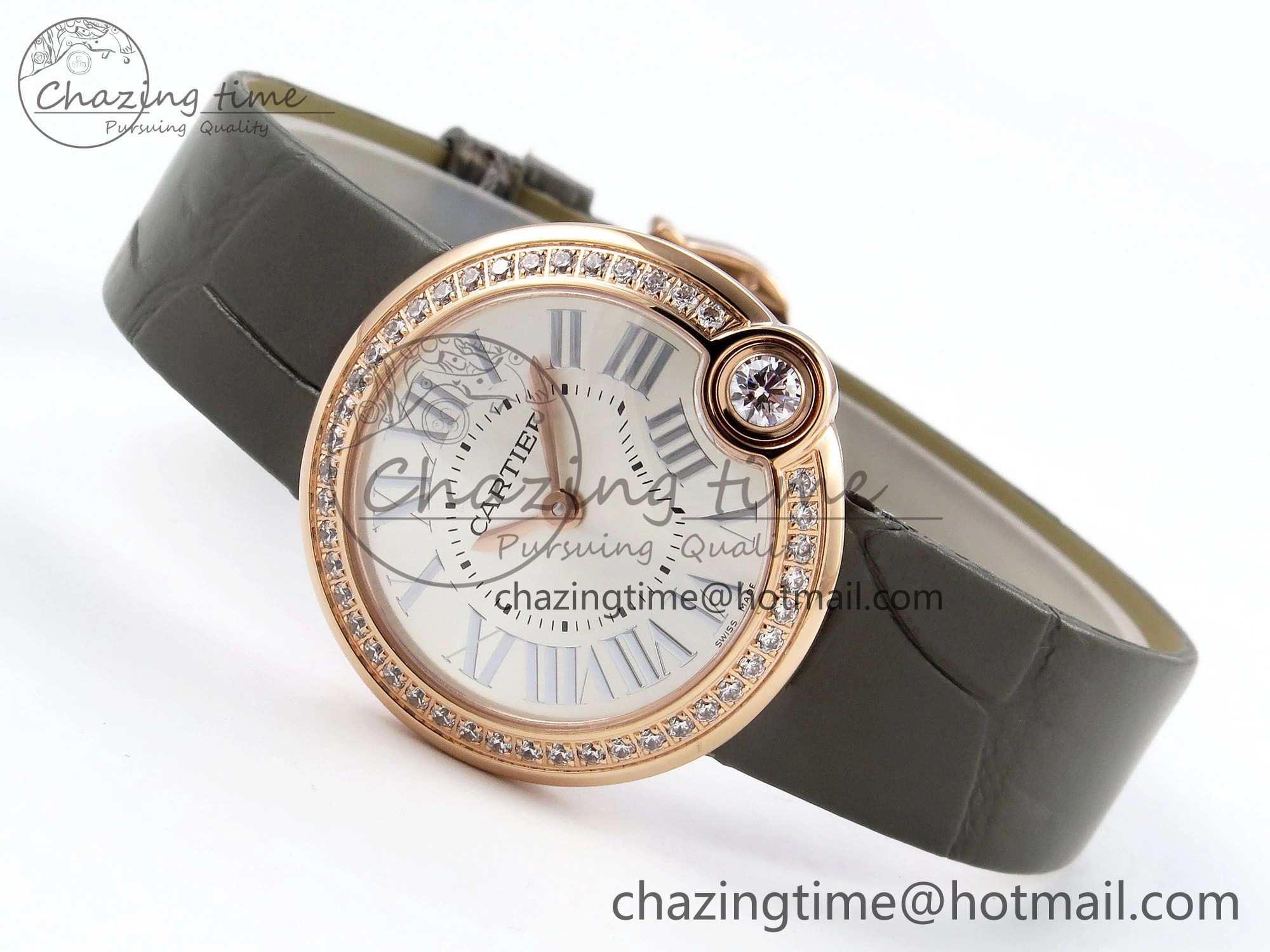 Ballon Blanc De Cartier 30mm RG DRF 1:1 Best Edition Silvered Texture Dial Diamonds Bezel on Green Leather Strap Ronda Quartz