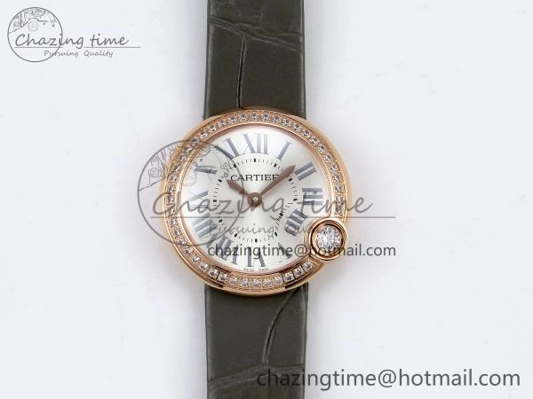 Ballon Blanc De Cartier 30mm RG DRF 1:1 Best Edition Silvered Texture Dial Diamonds Bezel on Green Leather Strap Ronda Quartz