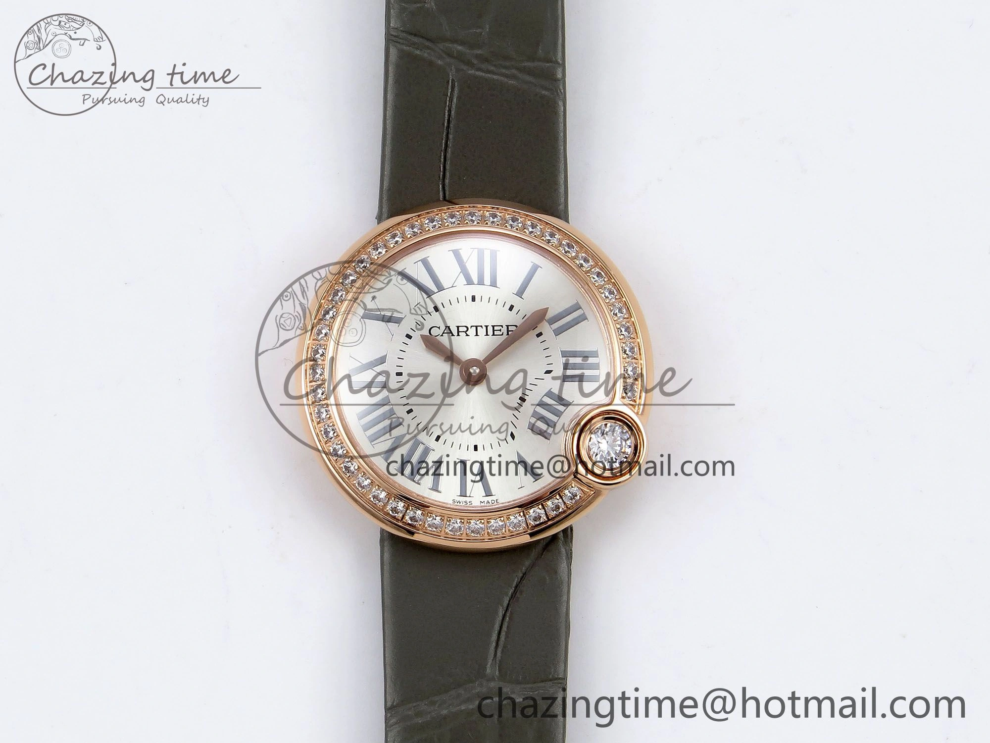 Ballon Blanc De Cartier 30mm RG DRF 1:1 Best Edition Silvered Texture Dial Diamonds Bezel on Green Leather Strap Ronda Quartz