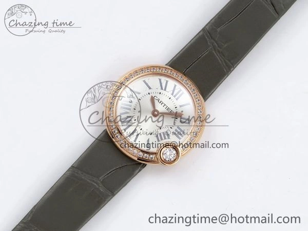 Ballon Blanc De Cartier 30mm RG DRF 1:1 Best Edition Silvered Texture Dial Diamonds Bezel on Green Leather Strap Ronda Quartz