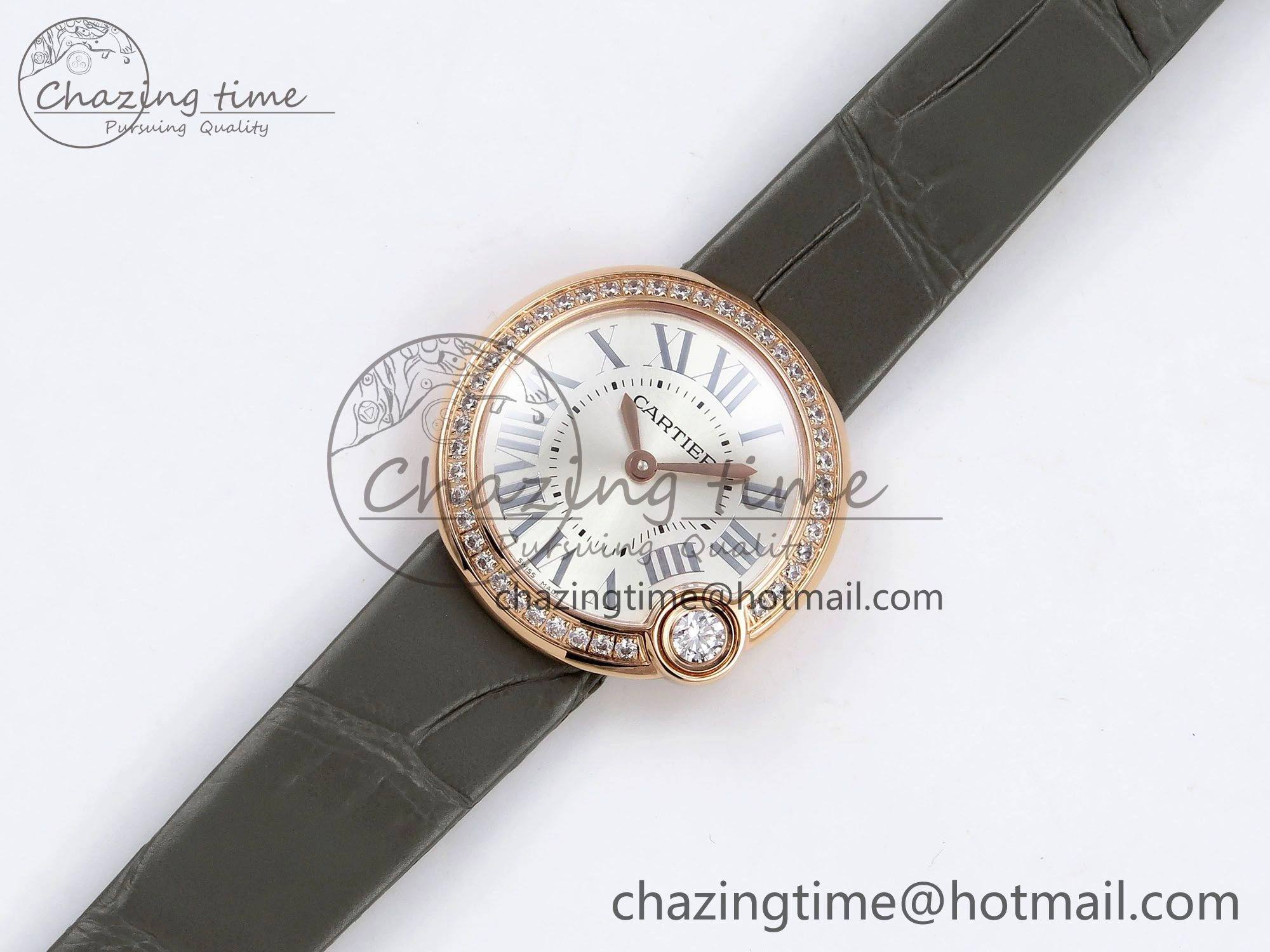 Ballon Blanc De Cartier 30mm RG DRF 1:1 Best Edition Silvered Texture Dial Diamonds Bezel on Green Leather Strap Ronda Quartz