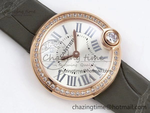 Ballon Blanc De Cartier 30mm RG DRF 1:1 Best Edition Silvered Texture Dial Diamonds Bezel on Green Leather Strap Ronda Quartz