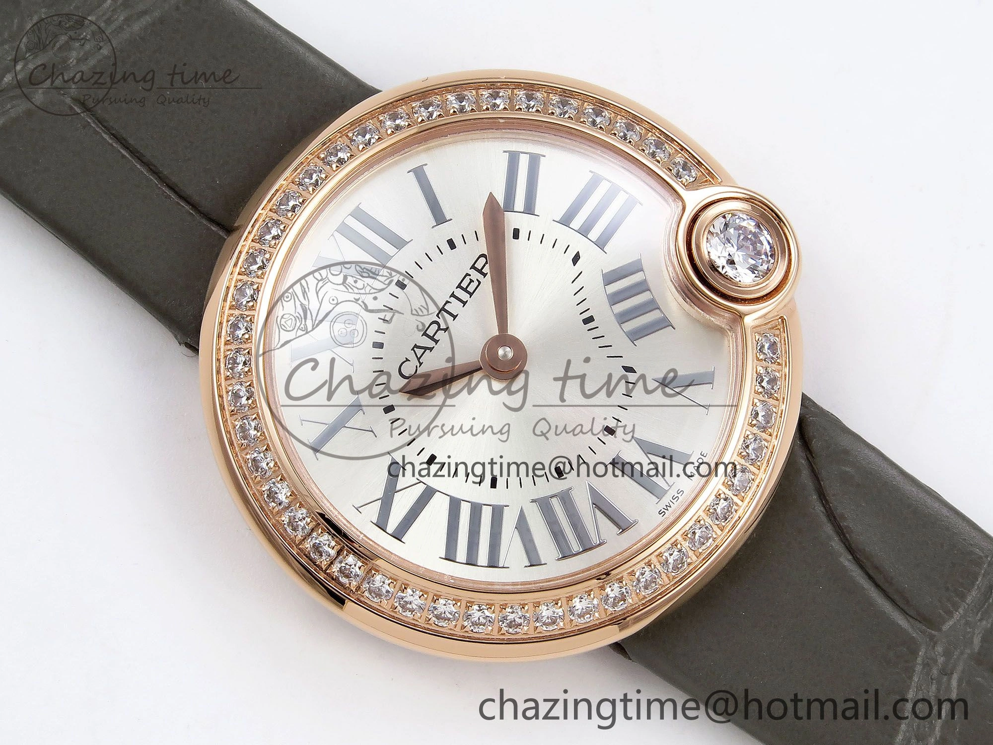 Ballon Blanc De Cartier 30mm RG DRF 1:1 Best Edition Silvered Texture Dial Diamonds Bezel on Green Leather Strap Ronda Quartz