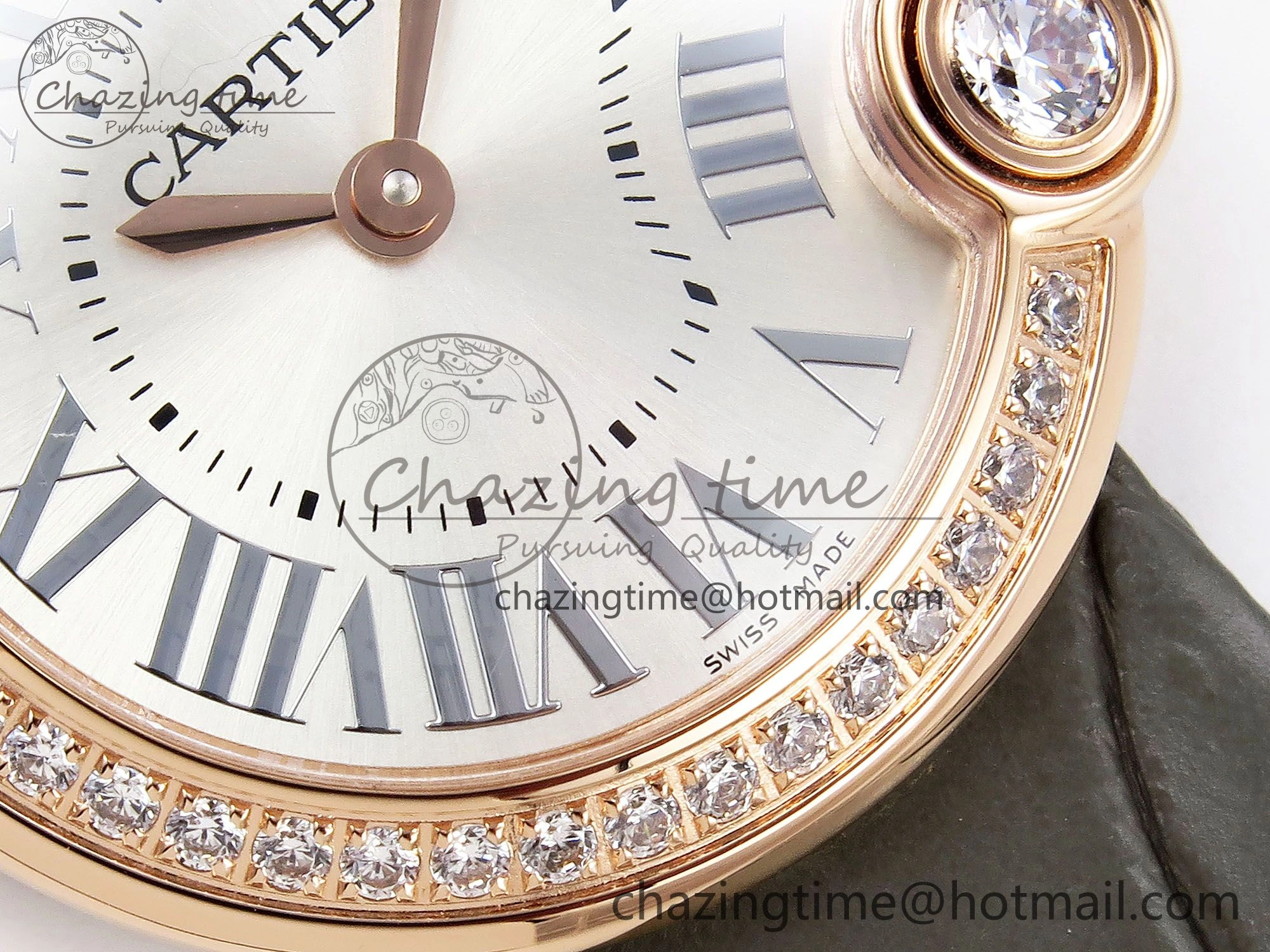 Ballon Blanc De Cartier 30mm RG DRF 1:1 Best Edition Silvered Texture Dial Diamonds Bezel on Green Leather Strap Ronda Quartz