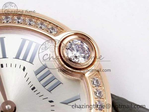 Ballon Blanc De Cartier 30mm RG DRF 1:1 Best Edition Silvered Texture Dial Diamonds Bezel on Green Leather Strap Ronda Quartz