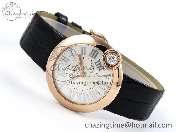 Ballon Blanc De Cartier 30mm RG DRF 1:1 Best Edition Silvered Texture Dial on Black Leather Strap Ronda Quartz