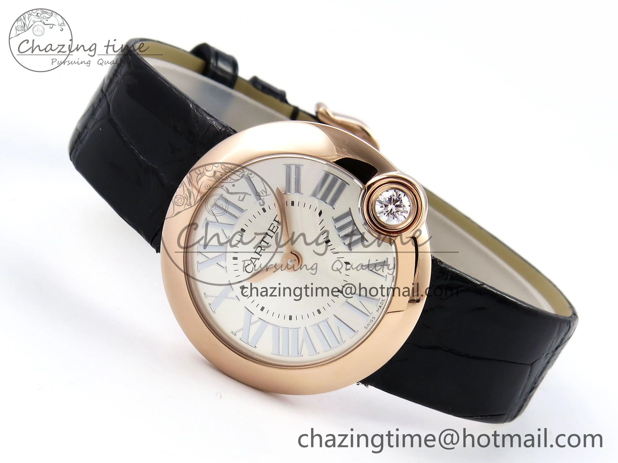 Ballon Blanc De Cartier 30mm RG DRF 1:1 Best Edition Silvered Texture Dial on Black Leather Strap Ronda Quartz