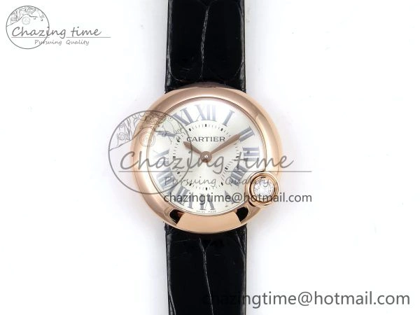 Ballon Blanc De Cartier 30mm RG DRF 1:1 Best Edition Silvered Texture Dial on Black Leather Strap Ronda Quartz
