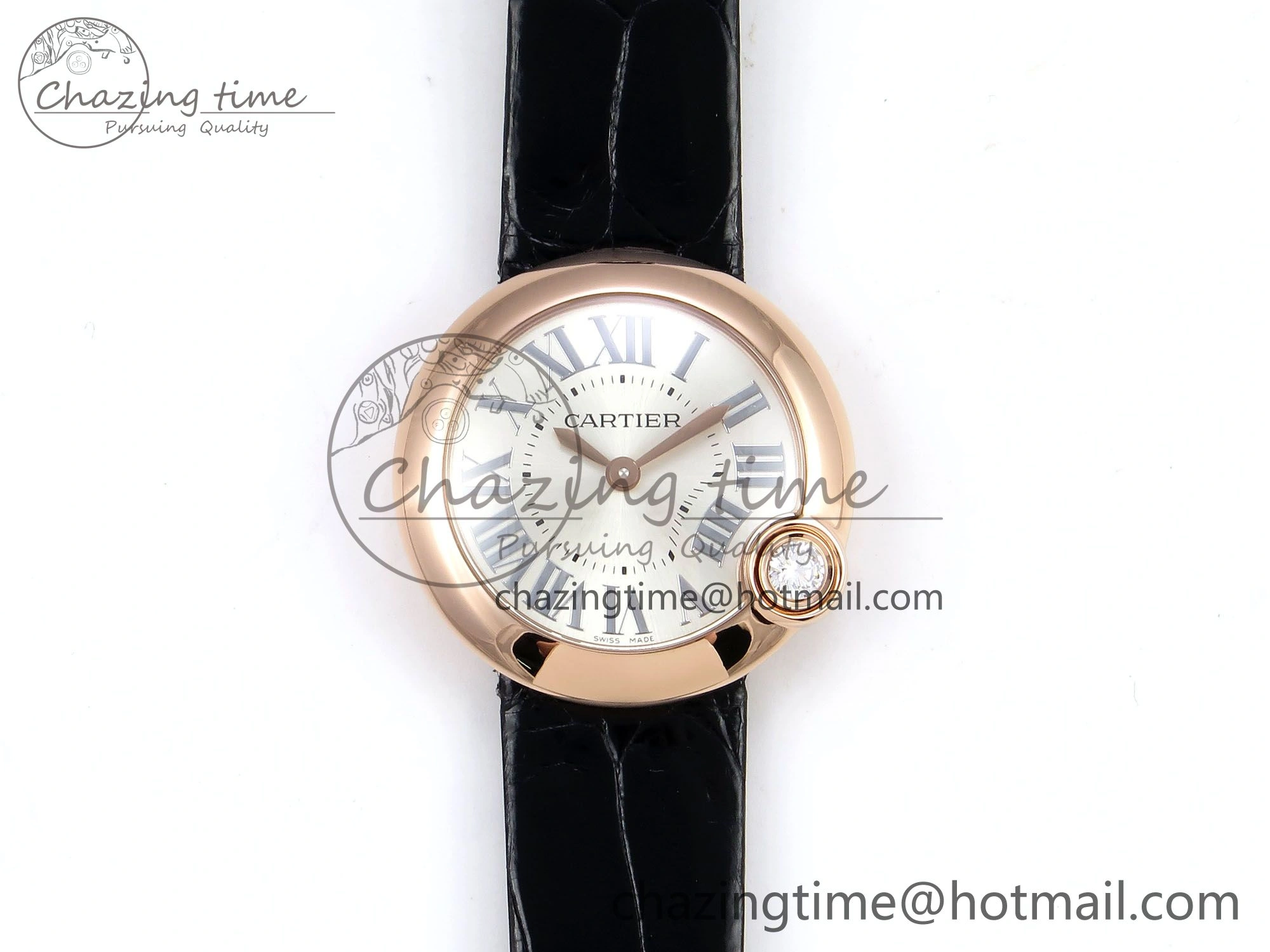 Ballon Blanc De Cartier 30mm RG DRF 1:1 Best Edition Silvered Texture Dial on Black Leather Strap Ronda Quartz