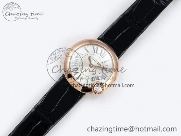 Ballon Blanc De Cartier 30mm RG DRF 1:1 Best Edition Silvered Texture Dial on Black Leather Strap Ronda Quartz