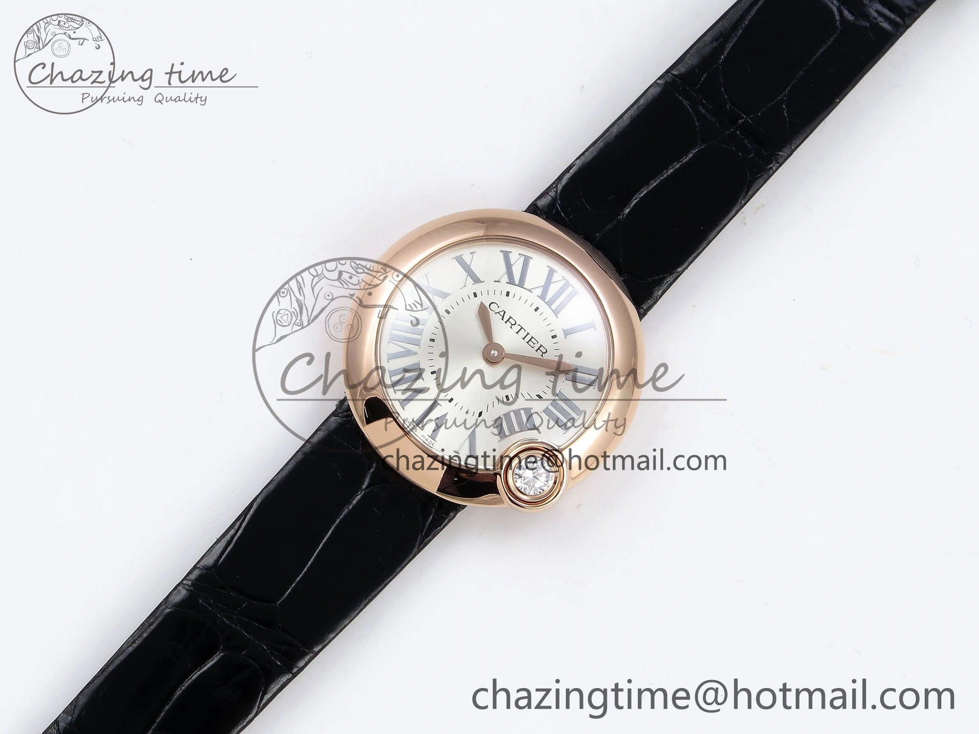 Ballon Blanc De Cartier 30mm RG DRF 1:1 Best Edition Silvered Texture Dial on Black Leather Strap Ronda Quartz