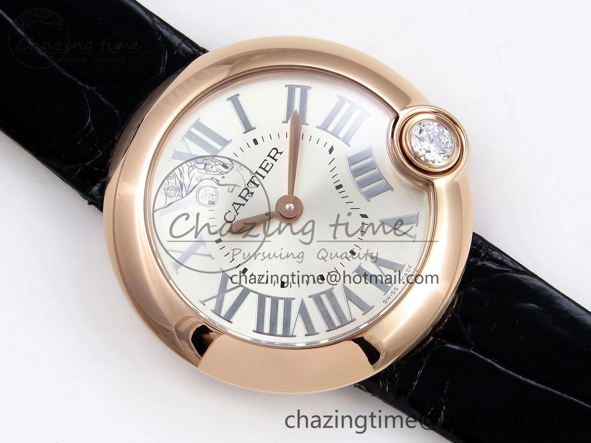 Ballon Blanc De Cartier 30mm RG DRF 1:1 Best Edition Silvered Texture Dial on Black Leather Strap Ronda Quartz